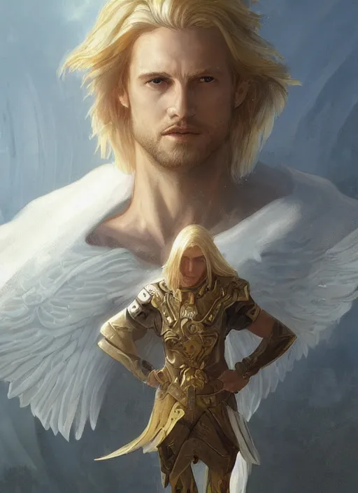 Prompt: portrait of a floating winged aasimar paladin blond young man with amber eyes strong, sofisticated, fantasy, highly detailed, digital painting, artstation, concept art, character art, art by greg rutkowski and tyler jacobson and alphonse mucha