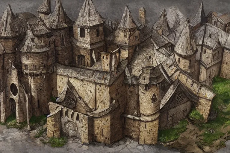 Image similar to A medieval keep, texture, intricate, details, highly detailed, masterpiece, architecture, building, trending on artstation, focus, sharp focus, concept art, digital painting, fantasy, D&D, tabletop, rpg, roleplay, sunny, day, midday