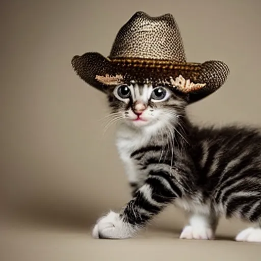 Prompt: a baby kitten wearing a cowboy hat that is missing his baby kitten boyfriend