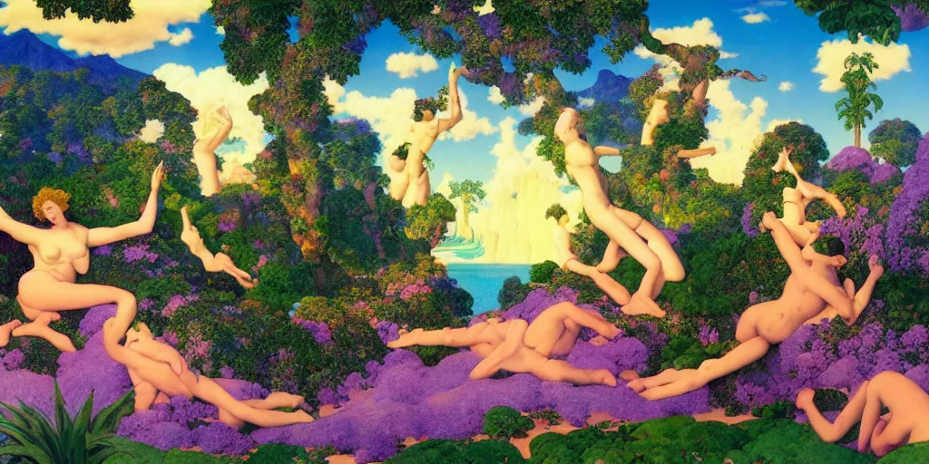 Image similar to a vaporwave landscape of the Garden of Eden by Maxfield Parrish, vaporwave style, digital art 8k