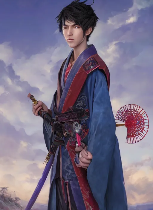 Prompt: An epic fantasy portrait painting of teenager boy with straight indigo hair, purple eyes with red eye markers, slim body, wearing a detailed Japanese kimono with golden armor pieces, holding japanese fan. Unreal 5, 8k, DAZ, hyperrealistic, octane render, studio Ufotable, Demon Slayer artstyle, cosplay, RPG portrait, dynamic lighting