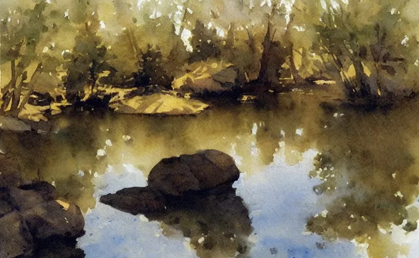 Image similar to watercolor lanscape by anders zorn, very very very very beautiful art, dramatic light, water reflections