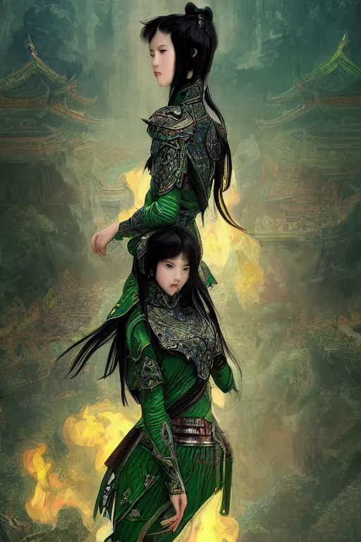 Image similar to portrait black hair young knights of Dynasty Warriors girl, metallic green armor, in ruin fire chinese palace sunrise, ssci-fi and fantasy, intricate and very beautiful and elegant, digital painting, artstation, concept art, smooth and sharp focus, illustration, art by tian zi and WLOP and alphonse mucha