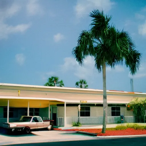 Prompt: photo of motel in florida 1985, cinestill, 800t, 35mm, full-HD