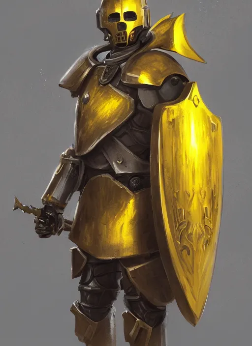 Image similar to portrait of a warforged character in yellow armor holding a paladin engraved longsword and carrying a big shield, epic concept art, trending on ArtStation, cinematic lighting by Greg Rutkowski