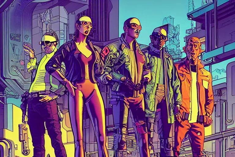 Image similar to cyberpunk heist crew. portrait by stonehouse and mœbius and will eisner and gil elvgren and pixar. character design. realistic proportions. dystopian. cyberpunk 2 0 7 7 character art, blade runner 2 0 4 9 concept art. cel shading. attractive face. thick lines. the team. diverse characters.