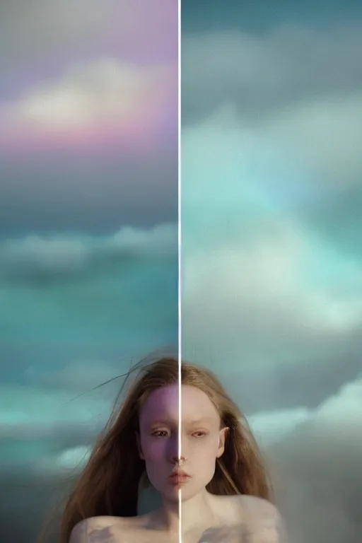 Image similar to high quality pastel coloured film close up wide angle photograph of a model wearing clothing swimming on cloud furniture in a icelandic black rock!! environment in a partially haze filled dreamstate world. three point light, rainbow. photographic production. art directed. pastel colours. volumetric clouds. pastel gradient overlay. waves glitch artefacts. extreme facial clarity. 8 k. filmic.