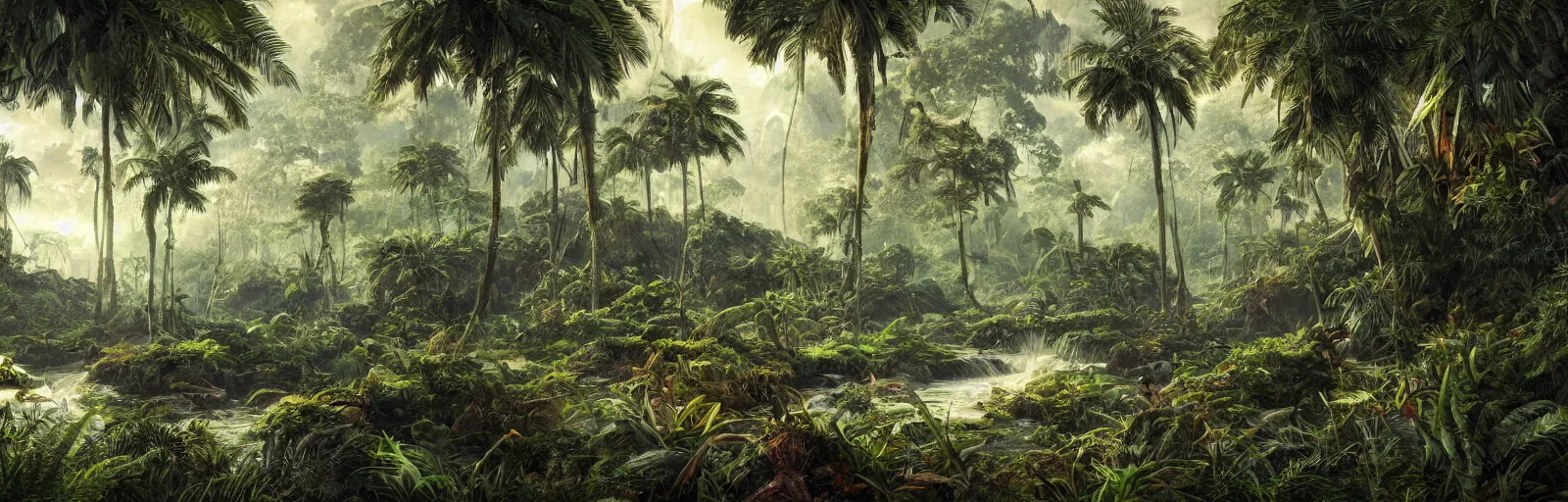 Image similar to painting of a jungle scene on an alien planet by vincent bons. ultra sharp high quality digital render. detailed. beautiful landscape. weird vegetation. water.