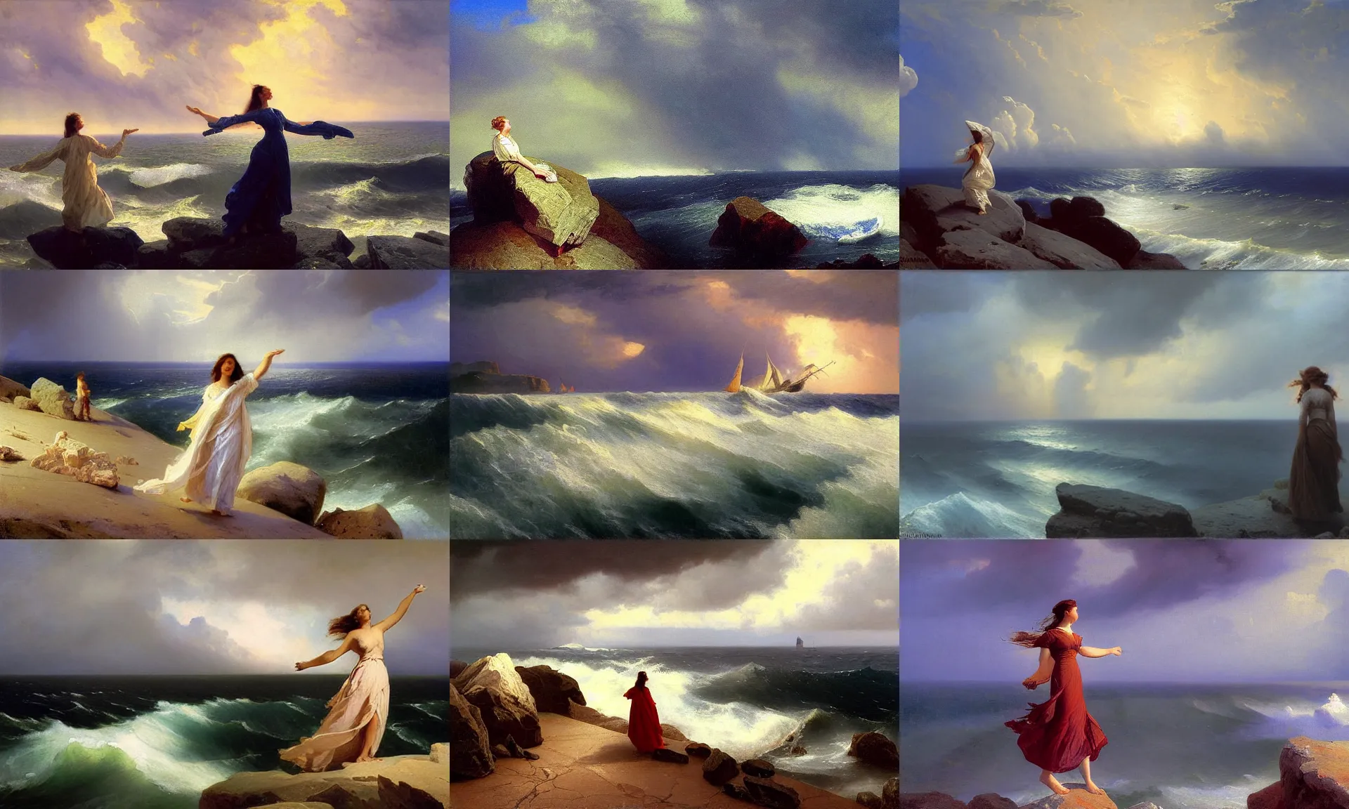 Prompt: stormy sky, extremely strong wind, cumulonimbus, woman in dress figure standing on the stones, realism, view from above on seascape, artwork by christopher blossom and frederick judd waugh and Russ Kramer and Christian Riese Lassen and ivan aivazovsky and isaac levitan