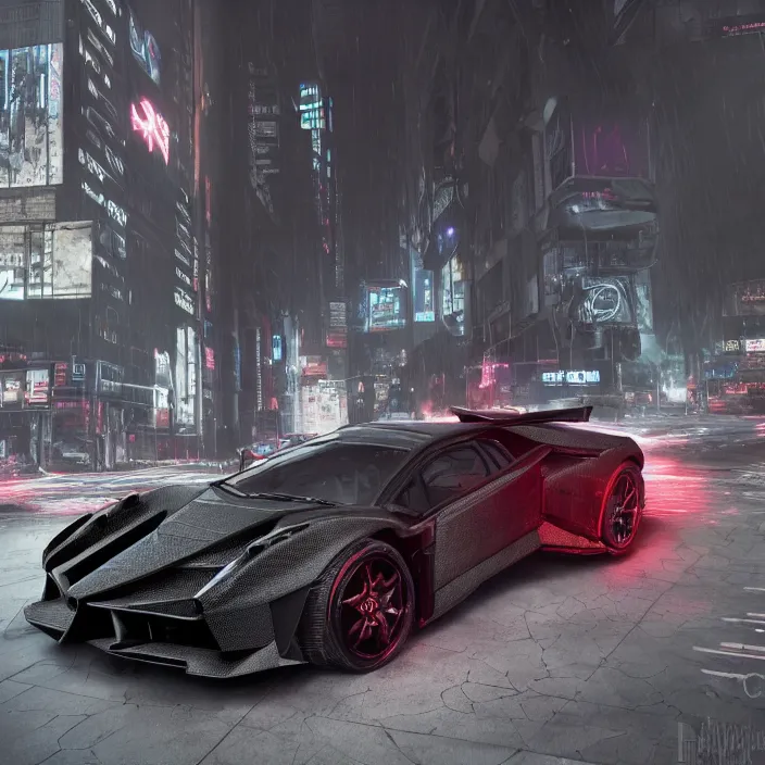 Image similar to dark cyberpunk car lamborgini counatch, in drak style cyberpunk city, by neill blomkamp director film, extreamly detailed, photorealism, photography, raytracing, 8 k, octane render, hyperrealism, perfect composition, art top in artstation, by chris labrooy, rendered in rtx, ssao, fxaa, unreal engine