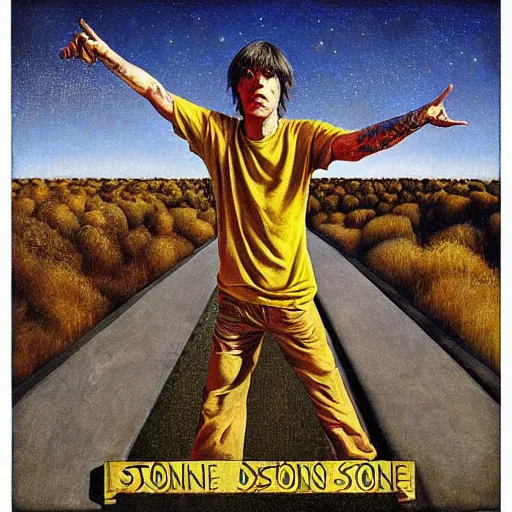 Prompt: stone roses album cover with ian brown holding hand out perspective by esao andrews