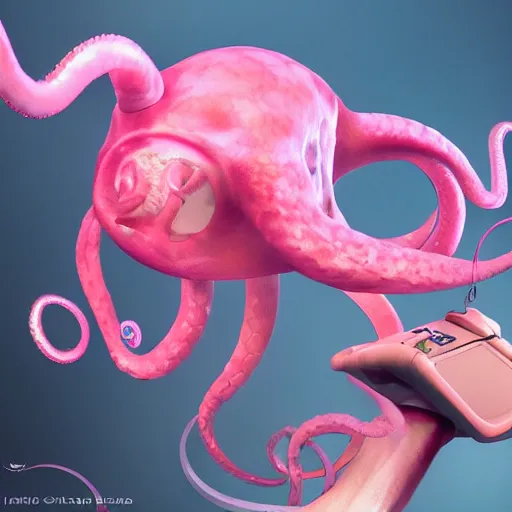 Image similar to a cute pink octopus playing videogames, digital art, trending on artstation, cgsociety, octane render, RPG portrait, dynamic lighting, hyperrealistic