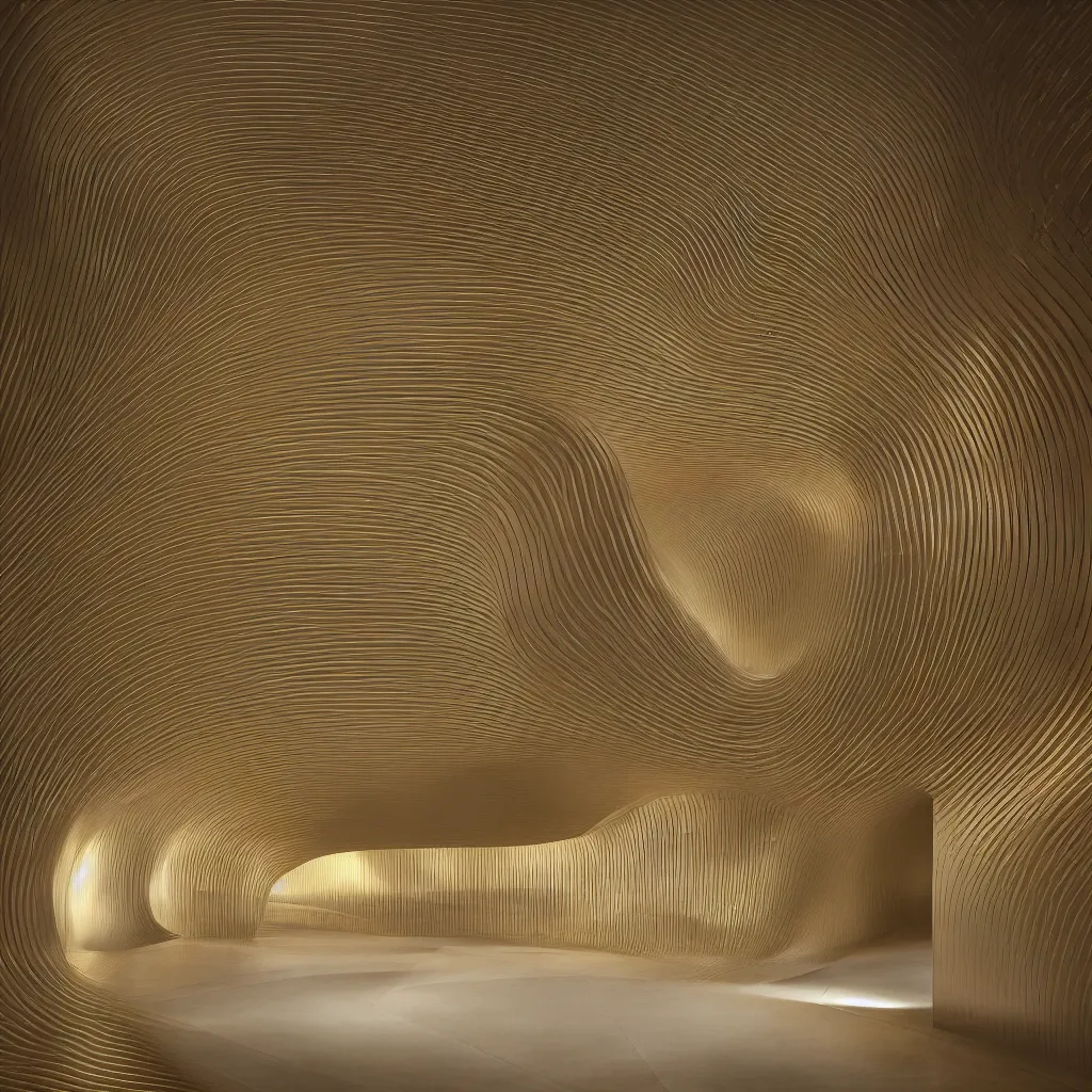 Image similar to an incredibly smooth curvilinear neo baroque interior architectural spatial sculpture, a golden pool on the ground is envelope by folding white surfaces, blue light, visually satisfying seductive architecture render