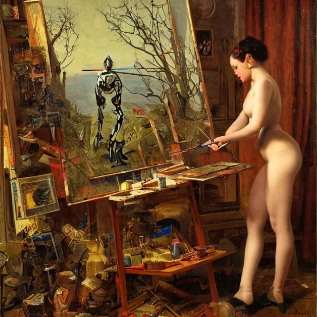 Image similar to robot artist painting a self - portrait on a canvas. intricate, highly detailed, digital matte painting, in the style of hans thoma, and in the style of gil elvgren. irony, recursion, inspiration.