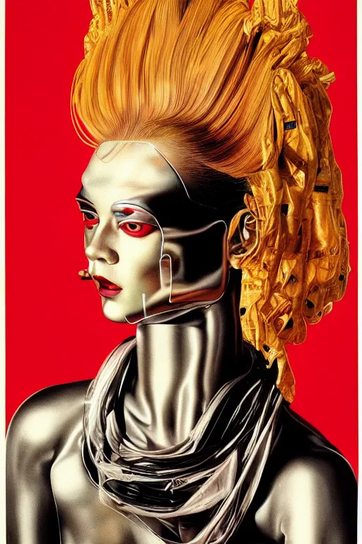 Prompt: cyborg head wrapped in plastic bags by Hajime Sorayama and Artemisia Gentileschi, centered, symmetrical, led, red, bilateral symmetry, third person, 70s poster, polished, lightning, retro dark vintage sci-fi, 2D matte illustration