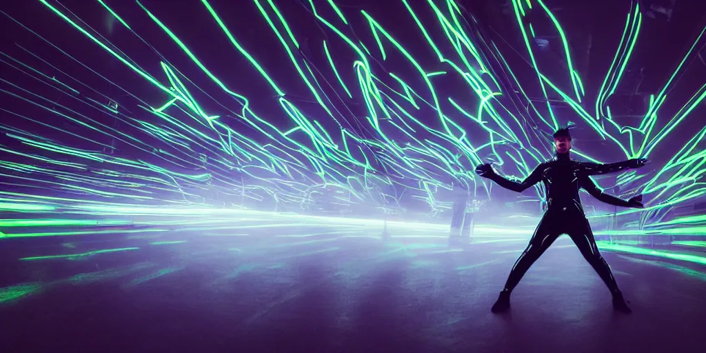 Image similar to break dancer wearing black latex with neon lights, long exposure shot, tron, cinematic view from lower angle, fog on the floor