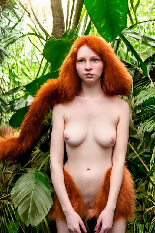 Prompt: a professional portrait photo of a dressed catgirl in the tropical jungles, ginger hair and fur, extremely high fidelity, natural lighting, national geographic magazine cover.