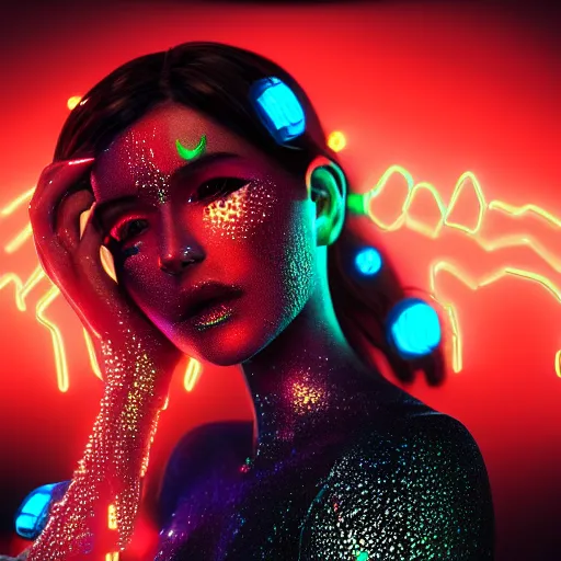 Image similar to A close-up of a beautiful girl with a surreal makeup reminding the swiss flag, octane render, bokeh, cyberpunk vibes, neons on the background