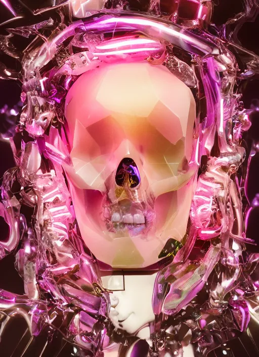 Image similar to photo of fullbodied baroque and bladerunner delicate neon diamond sculpture of seductive onyx albino marble prince kai harvatz dotado pink iridescent skull psychedelic, reclining, glowing magenta face, crown of white diamonds, cinematic lighting, photorealistic, octane render 8 k depth of field 3 d