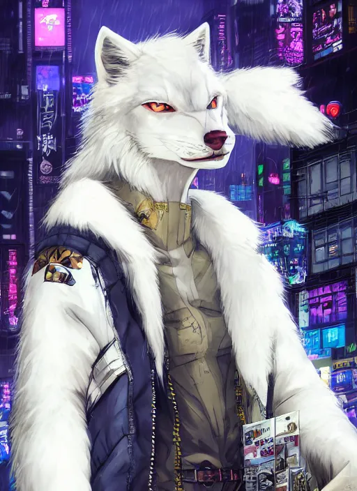 Image similar to character portrait of a male anthro albino wolf fursona with a tail and a cute beautiful attractive detailed furry face wearing stylish cyberpunk clothes in a cyberpunk city at night while it rains. hidari, color page, tankoban, 4K, tone mapping, Akihiko Yoshida. Nomax, Kenket, Rukis. comic book style, photorealistic, professional lighting, hyperdetailed, high resolution, high quality, dramatic, deviantart, artstation, 4k, real photo