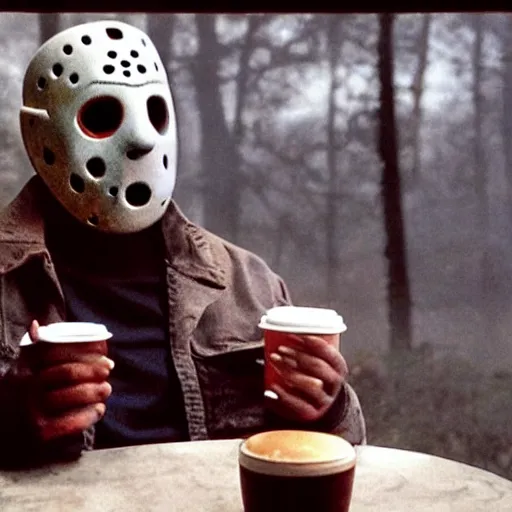 Prompt: photograph of jason voorhees having a coffee at an european caffé