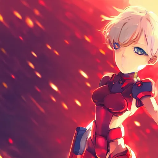 Image similar to digital anime art, very small cute girl standing on a large table, red mech arms and red mech legs, blue watery eyes!!!, short