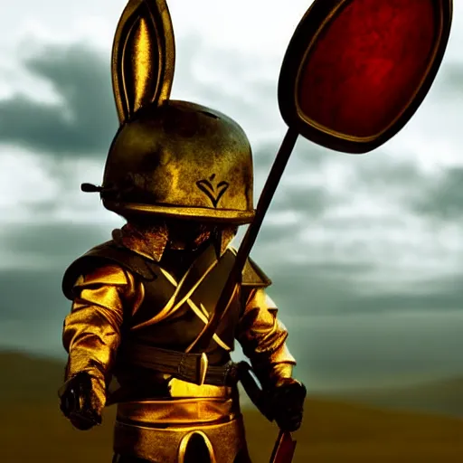 Image similar to bunny with helmet and sword, dramatic lighting cinematic establishing shot extremely high detail foto realistic cinematic lighting post processed