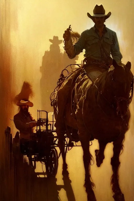 Image similar to hyperrealist portrait of a cowboy driving a stage coach by jeremy mann and alphonse mucha, fantasy art, photo realistic, dynamic lighting, artstation, poster, volumetric lighting, very detailed faces, 4 k, award winning