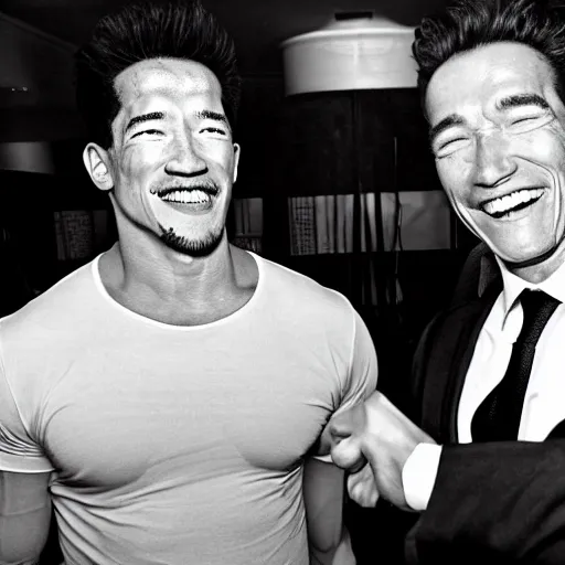 Image similar to old black and white photograph of arnold schwarzenegger meeting markiplier, both laughing, photorealistic