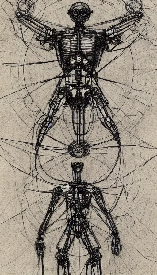 Prompt: full body of steampunk robot anatomy sketch by Leonardo da Vinci, the vitruvian man style, pencil drawing, old sketch, iphone wallpaper