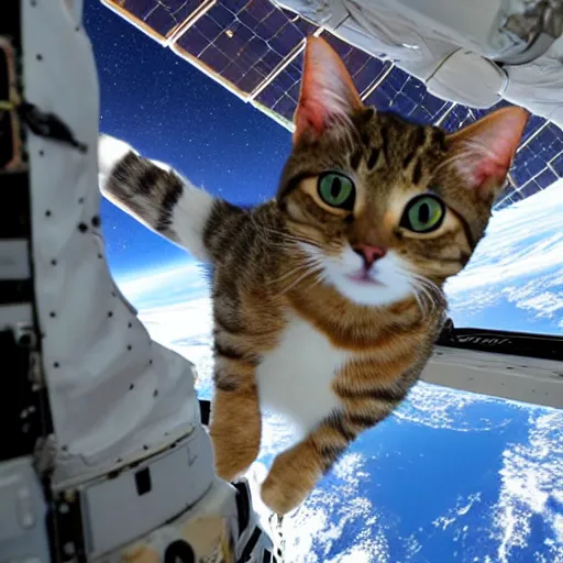 Image similar to Photo of a cat floating inside the ISS, realistic award-winning