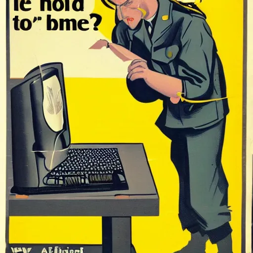Prompt: a man sleeping at a computer is stung by a bumblebee, ww 2 allied propaganda poster, no text, highly detailed