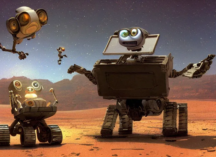 Prompt: polaroid movie still of wall - e on the planet pluto dancing with eva and their robot offspring, artwork by gaston bussiere, craig mullins