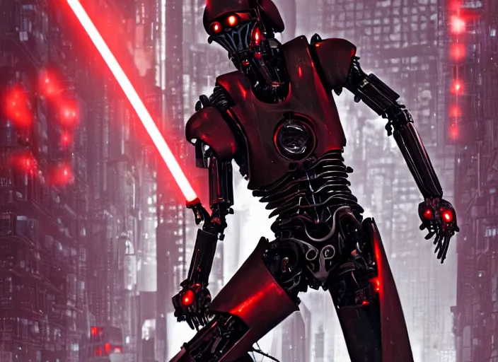 Image similar to 3 5 mm portrait photo of general grievous with heavy duty biomechanical cybernetic body with 4 arms holding 4 activated red lightsabers in the city in the rain. cyberpunk horror style.