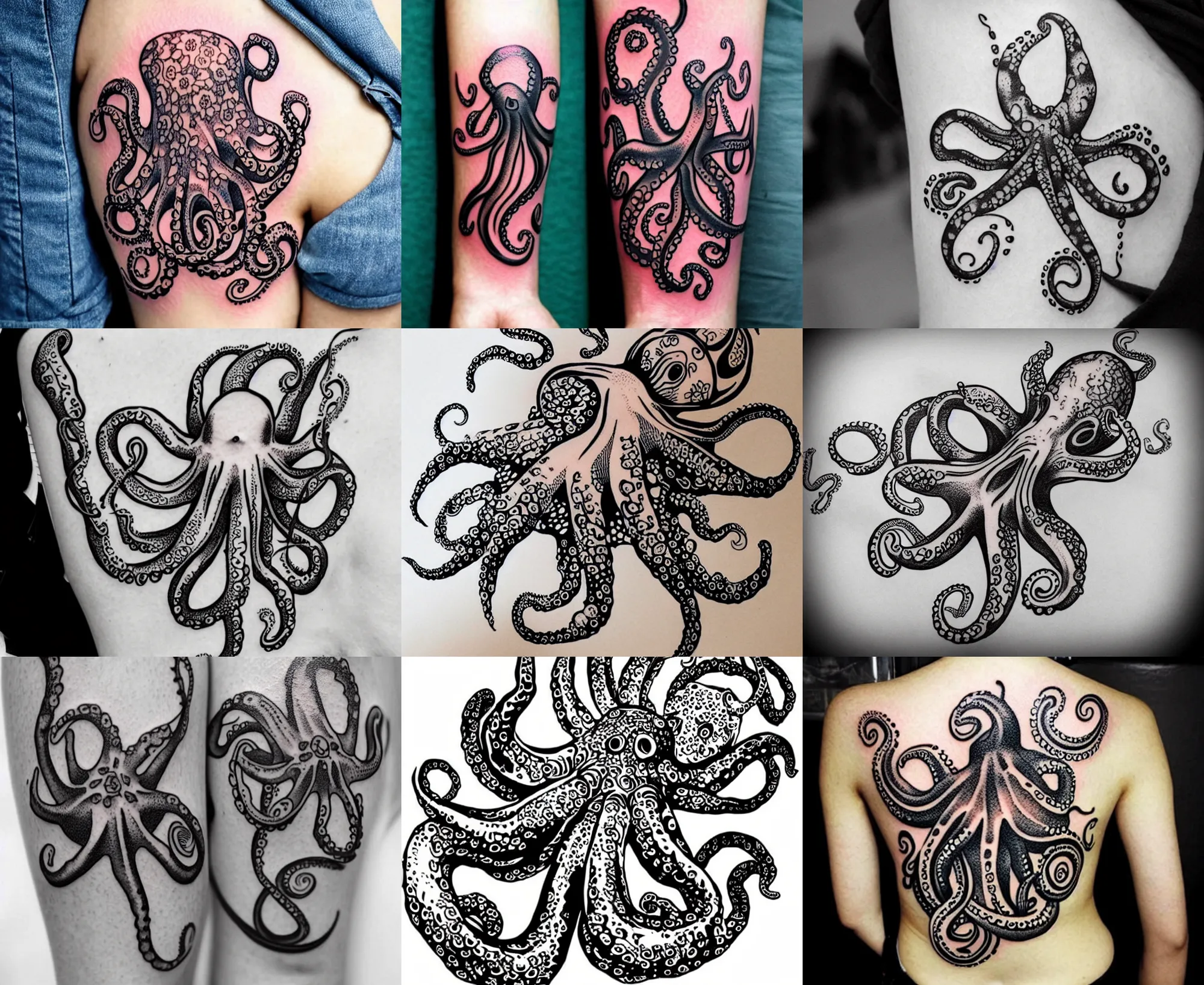 Prompt: detailed amazing floral tattoo stencil of a small cute octopus
