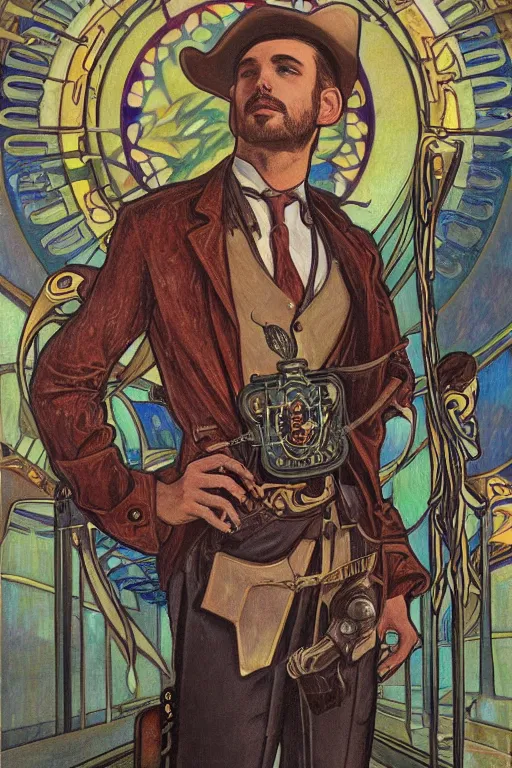 Prompt: a dramatic ethereal epic symmetrical painting of a handsome villainous cowboy standing in front of railroad tracks with a train locomotive | his shirt is unbuttoned and he has a pocketwatch | tarot card, art deco, art nouveau, ( steampunk ), homoerotic, realistic | by louis comfort tiffany and alphonse mucha | trending on artstation