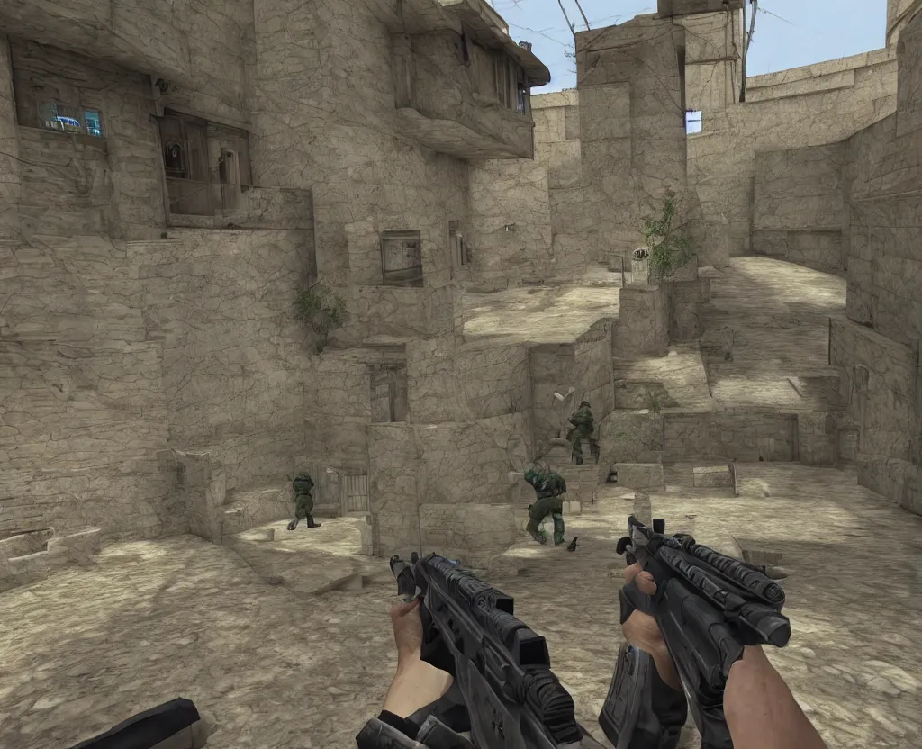 Image similar to first person shooter point of view, counter strike, persian miniature
