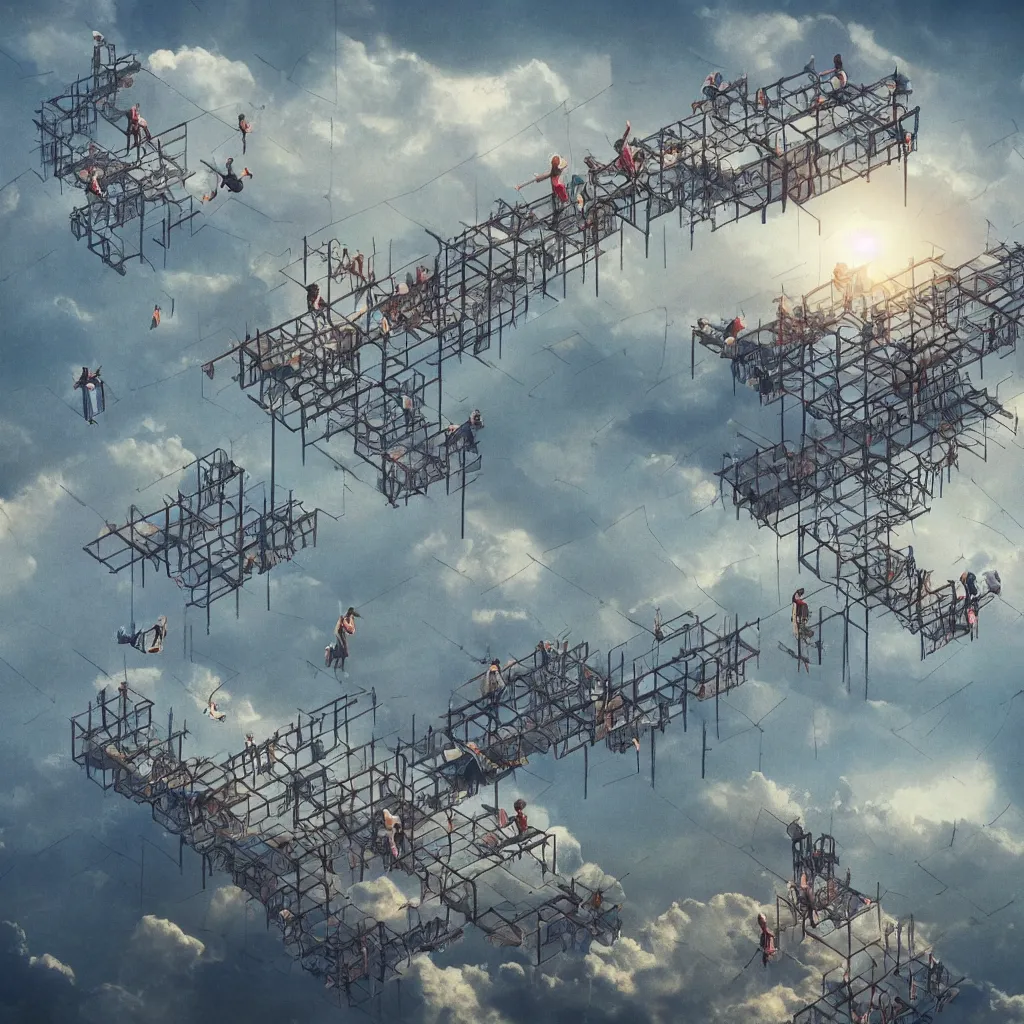 Prompt: wimmelbilder maze made of bridges in the sky, collage with photographs of beautiful android women weaving between the lines, isometric, clouds, octane render, very sharp, beksinski, quint buchholz, charlie bowater, pranckevicius