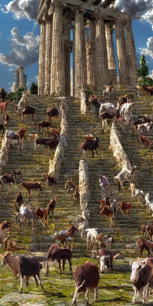 Image similar to a herd of goats! on stairs in a beautiful fantasy cathedral, epic, grandiose, many goats, magic, greek columns, tall towers, gorgeous clouds, colorful, sunrays, digital painting, landscape, octane render, unreal engine, high detail, very realistic, by katsuya terada