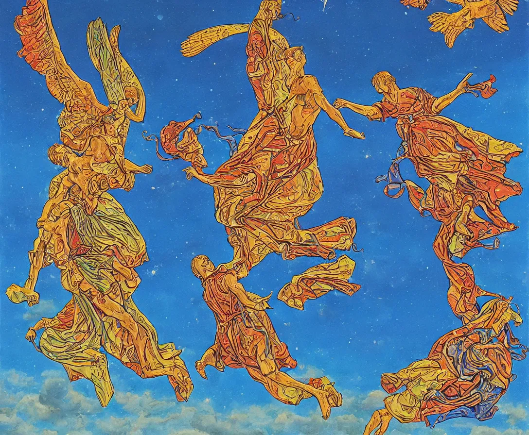 Prompt: two sacred angels fighting in the skies of seattle, gouache, stylised, by mati klarwein and moebius