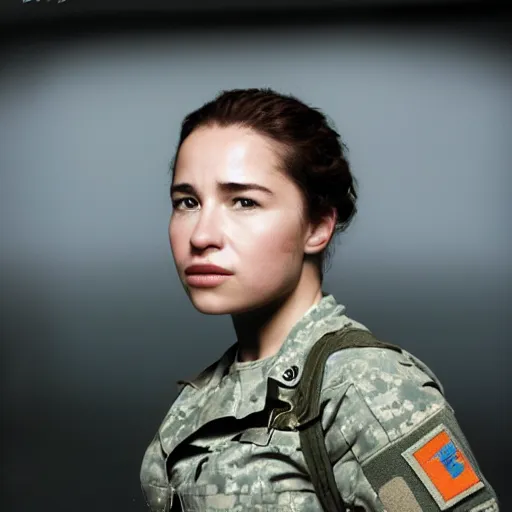 Prompt: emilia clark as a female soldier, pentax k 1 0 0 0