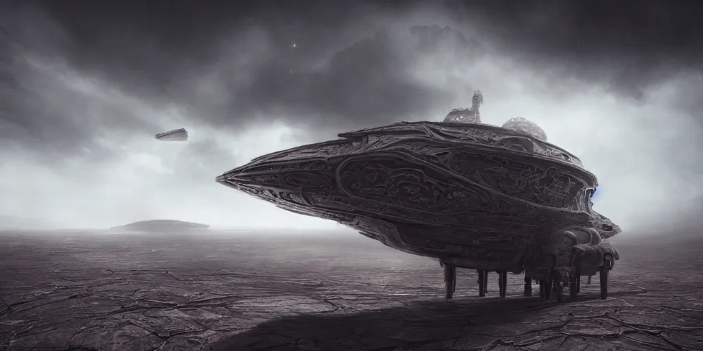 Image similar to a large ominous and geometric very ornate and detailed spaceship, lots of shapes intertwined very large and long floating over a barren dry land with an epic cloud formation on the background by James Paick,very detailed, octane render, 8k, scary and brooding, scary and dark, canon 24mm lens