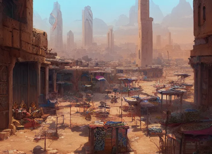 Image similar to Trader's City Kvar. Middle eastern buildings in the desert. Oasis. Colorful tapestries. a fantasy digital painting by Greg Rutkowski and James Gurney, trending on Artstation, highly detailed