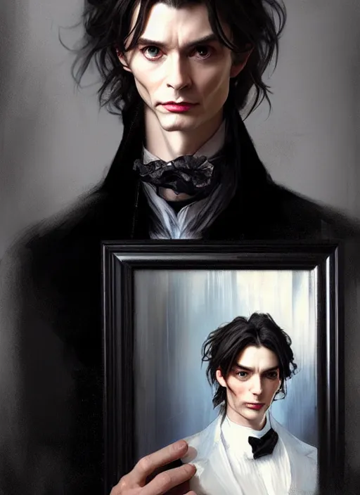 Prompt: a painter holding a portrait painting of dorian gray, digital painting, artstation, concept art, smooth, sharp focus, illustration, art by artgerm and greg rutkowski and alphonse mucha