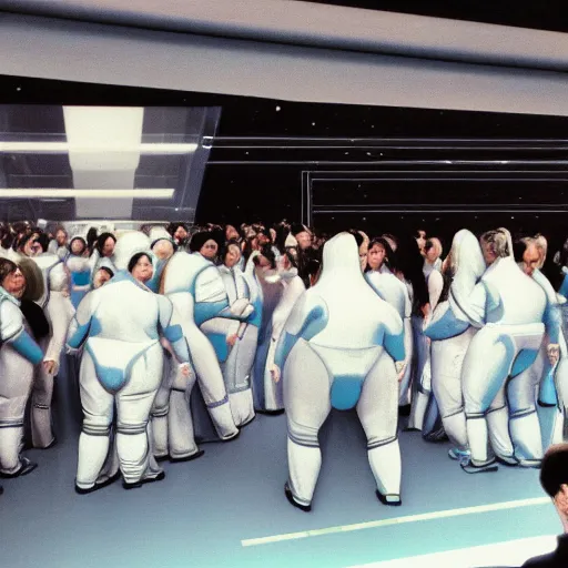 Image similar to unorganized crowd of angry chubby women, white hair, tight light blue neopren space uniforms, futuristic production facility, sci - fi, highly detailed, cinematic