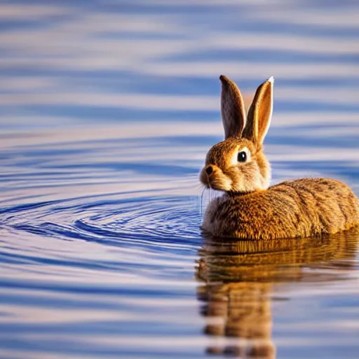 Prompt: high detailed photo of a rabbit relaxing at a nearby lake with a duck.