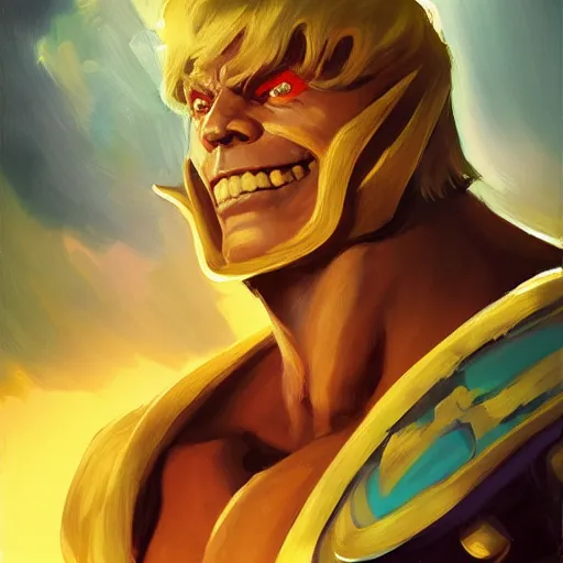 Image similar to greg manchess portrait painting of astonishing he - man the master of the universe as overwatch character, medium shot, asymmetrical, profile picture, organic painting, sunny day, matte painting, bold shapes, hard edges, street art, trending on artstation, by huang guangjian, gil elvgren, ruan jia, greg rutkowski, gaston bussiere