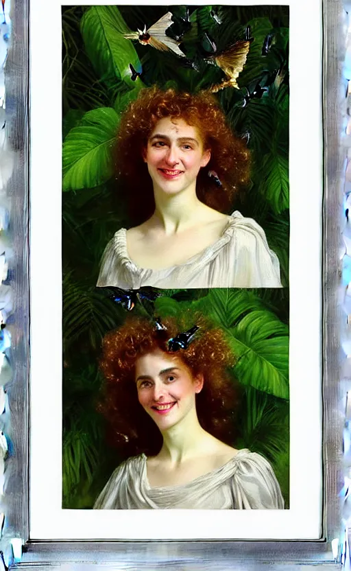 Prompt: 8 k uhd the face of a young woman with marble complexion, angelic features, her face framed with curls, her head raised in rapture, laughing, symmetrical eyes, watercolor by john singer sargent, background lush vegetation, insects and birds