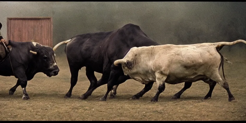 Prompt: detailed medium format photo, polaroid still from tarkovsky movie, matador facing off with bull, blurred motion, haze, high production value, intricate details, 8 k resolution, hyperrealistic, hdr, photorealistic, high definition, technicolor, award - winning photography, masterpiece, amazing colors