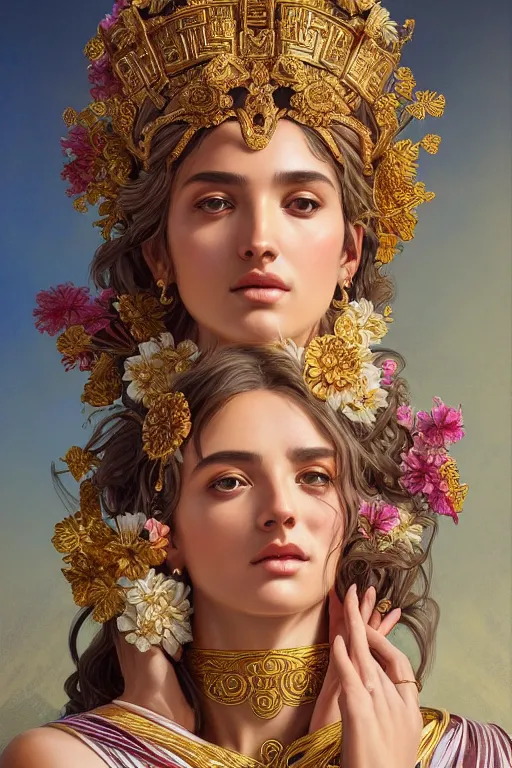 Image similar to portrait of beautiful greek goddess, wearing an ornate toga with intricate floral patterns, by terry o'neill intricate, elegant, highly detailed, digital painting, glistening skin, artstation, concept art, smooth, sharp focus, bold lighting, illustration, art by artgerm and greg rutkowski and alphonse mucha, 8 k